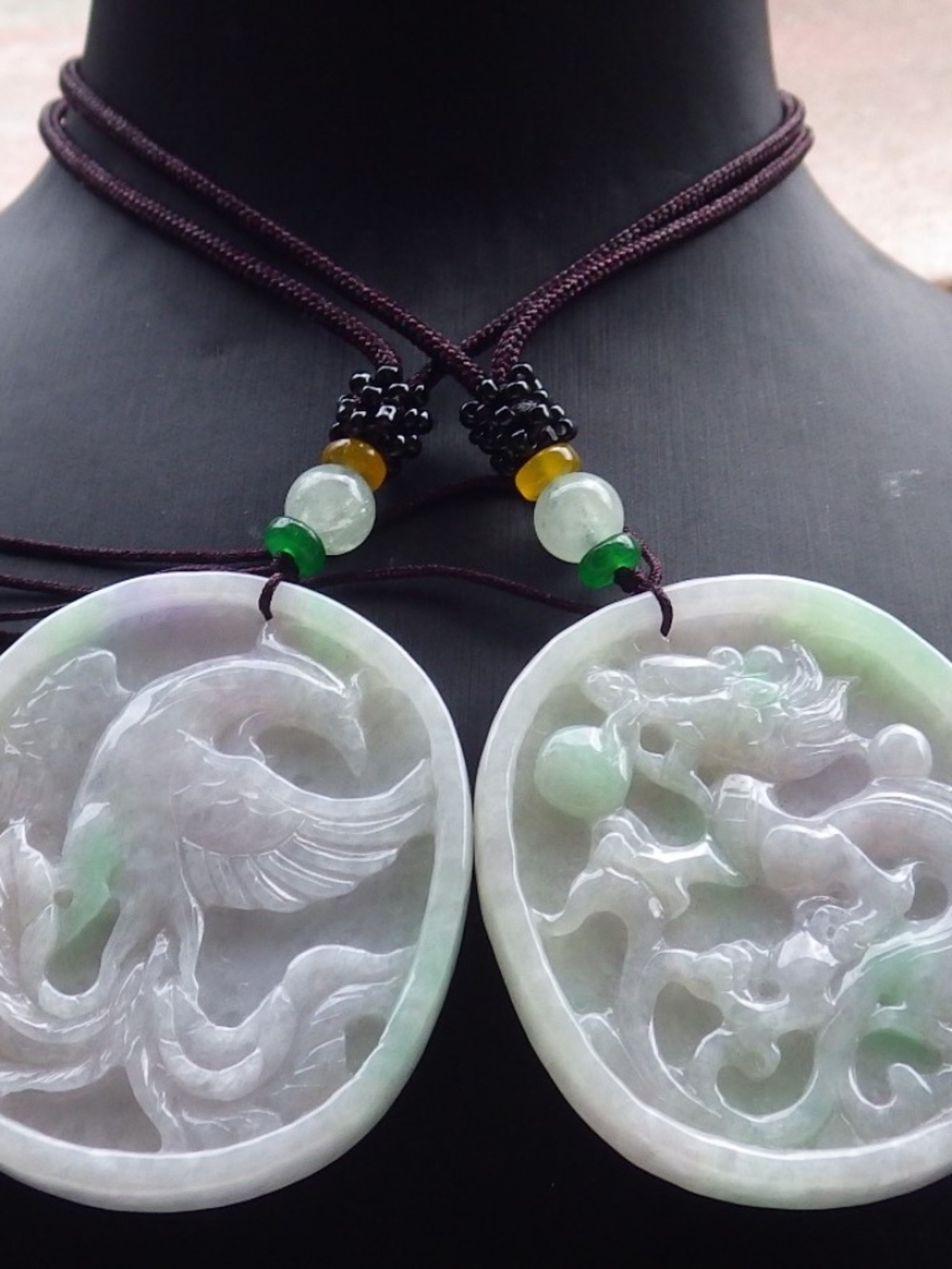 1 Pair Certified Natural Myanmar Burma A Jade jadeite Dragon Phoenix Pendant